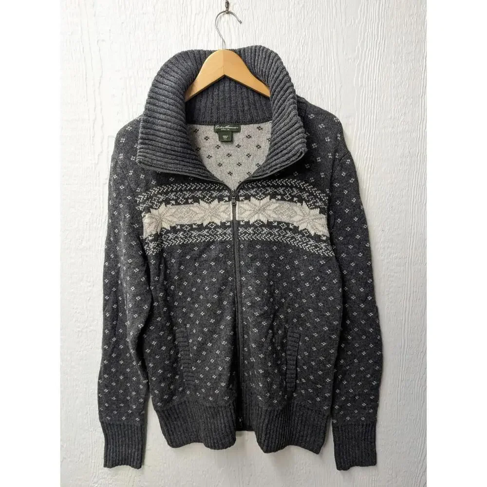 Eddie Bauer Nordic Snowflake Cardigan Sweater Wool Blend Full Zip Men's XL Tall